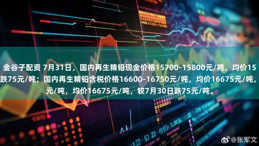 金谷子配资 7月31日，国内再生精铅现金价格15700-15800元/吨，均价15750元/吨，较7月30日跌75元/吨；国内再生精铅含税价格16600-16750元/吨，均价16675元/吨，较7月30日跌75元/吨。
